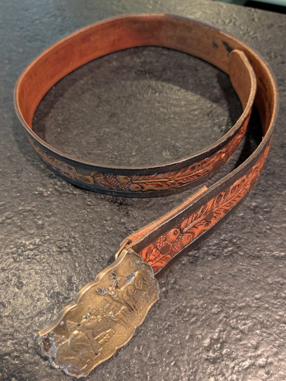 Vintage Western Tex-Made brown tooled belt Acorns Cowhide Leather USA Size 34